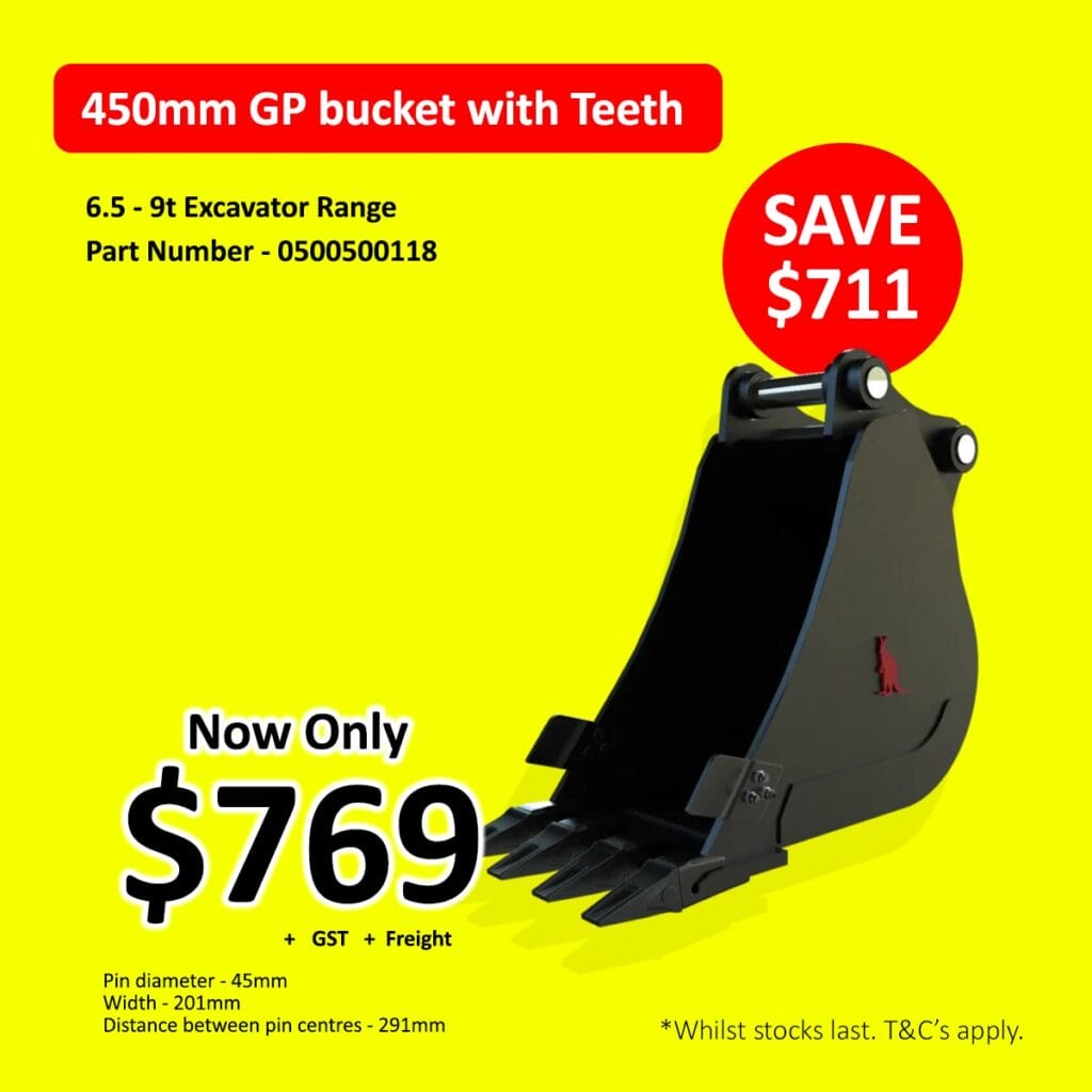 Black excavator bucket with teeth on yellow background; sale price $769, save $711.