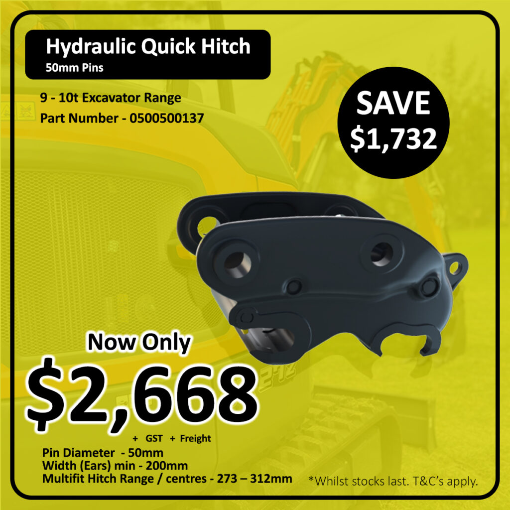 A promotional ad for a hydraulic quick hitch with 50mm pins for 9-10t excavators. The price is reduced to $2,668 (save $1,732). Key specs and part number are listed, with an image of the product in front of an excavator.