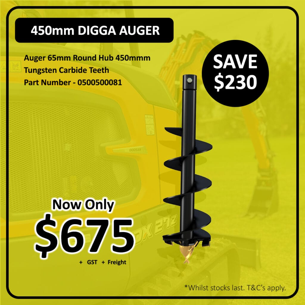 A 450mm Digga auger for sale at $675, with a yellow excavator in the background.