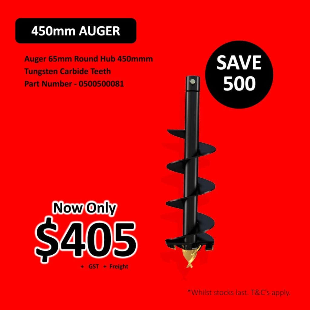 Black auger drill bit on red background with sale price 5 and save 0 promotion.