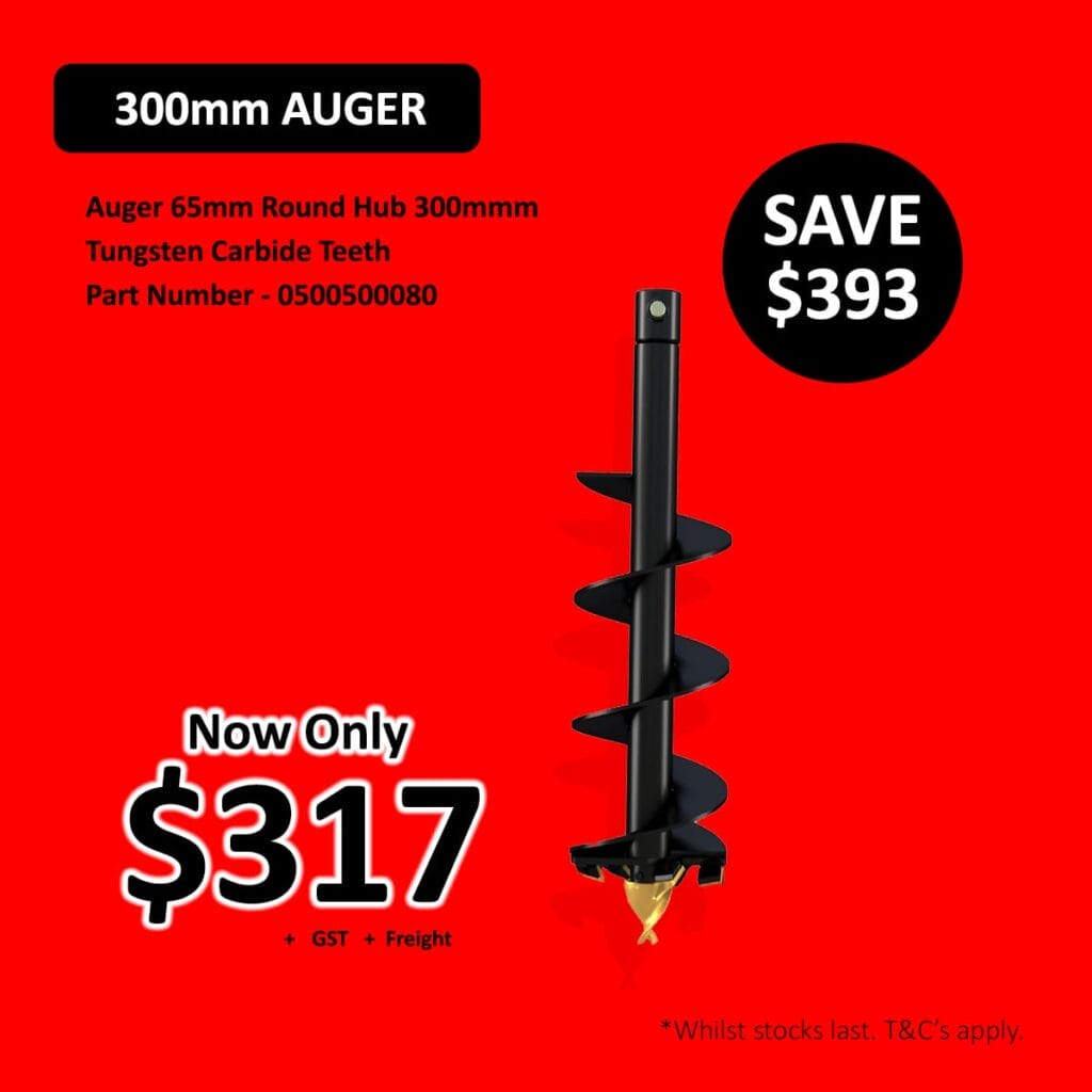 300mm auger for 7, black tool with text on red background, save 3.
