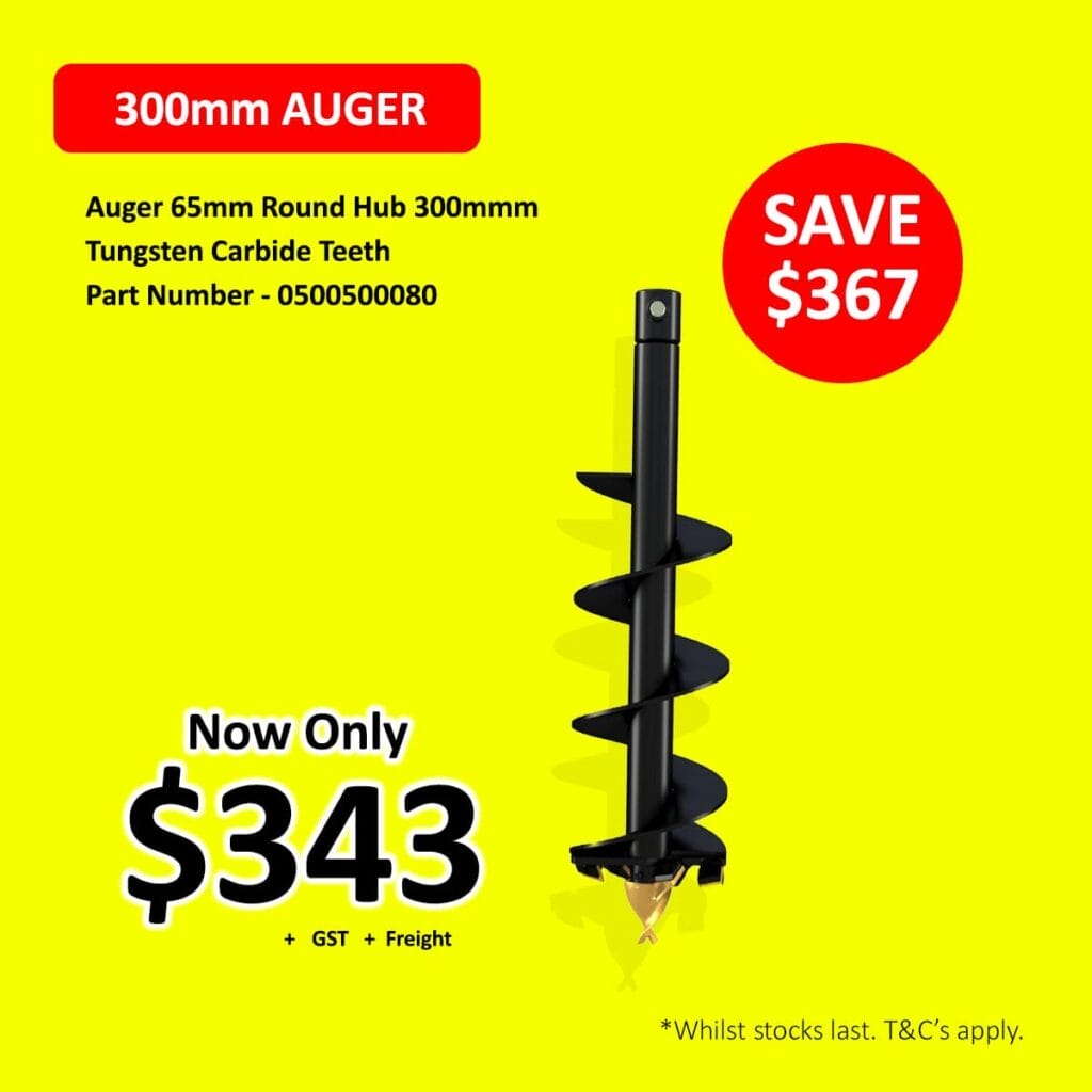 Black 300mm auger with price and savings displayed on a bright yellow background.