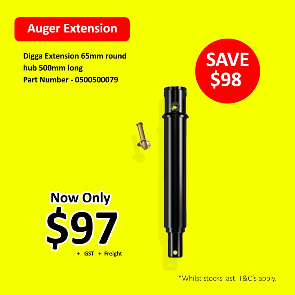 Black auger extension for $97, yellow background, red "Save $98" circle, product details.