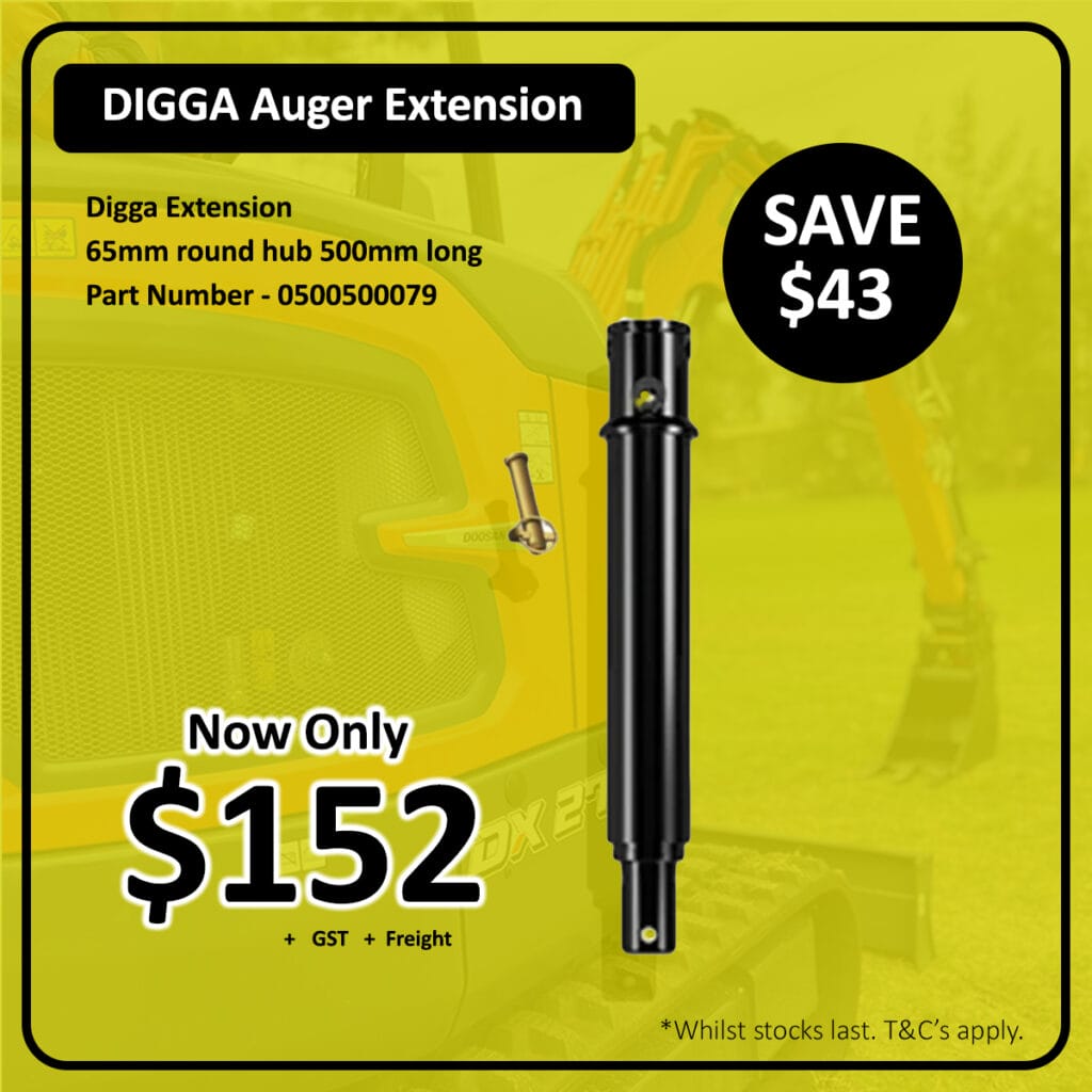 DIGGA auger extension for sale, $152, save $43, image of extension and construction vehicle.