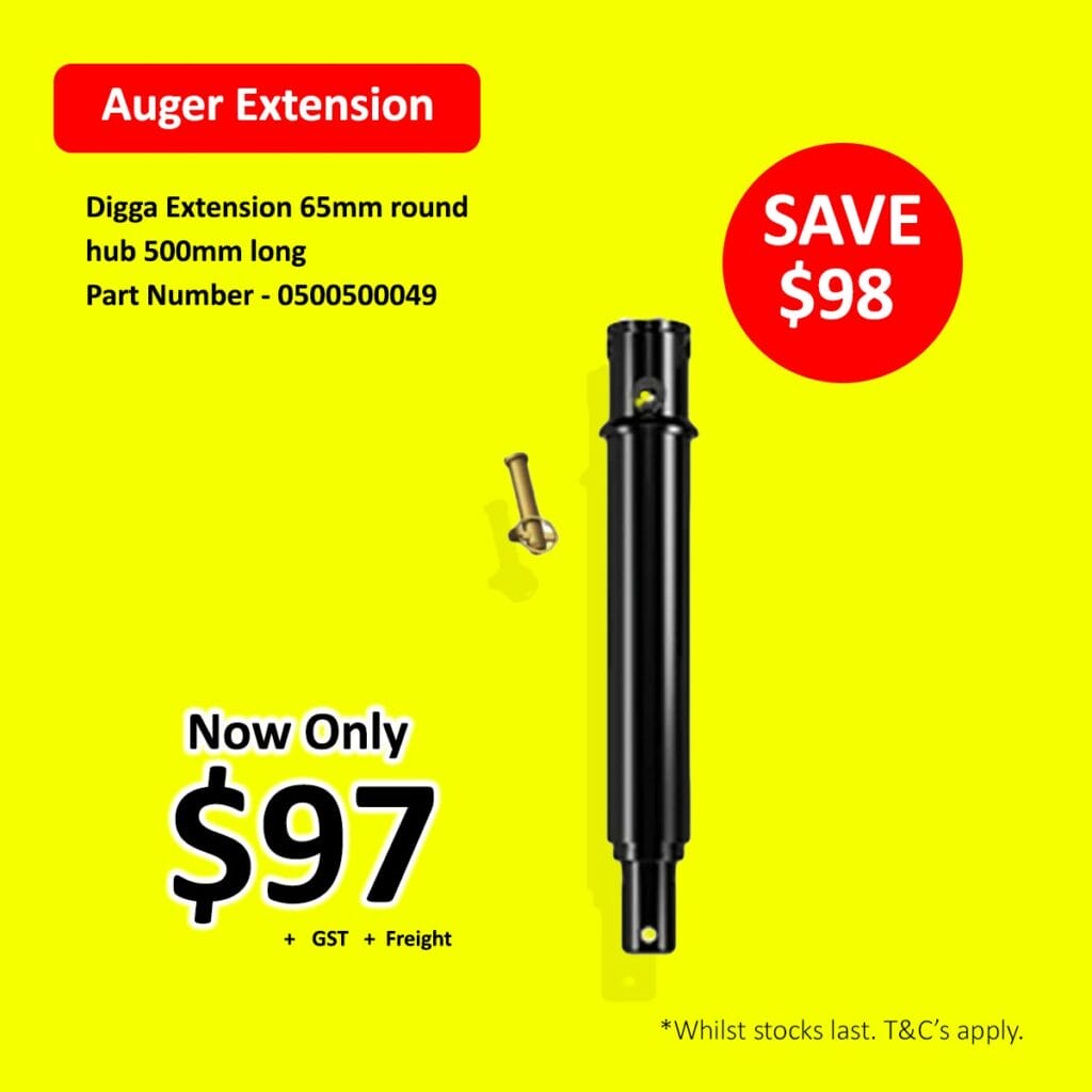Yellow ad for a Digga auger extension, now $97, save $98, product shown vertically.