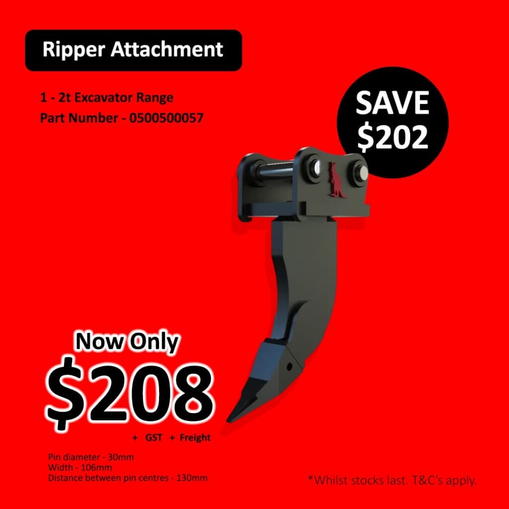 Promotional ad for Ripper Attachment showing a claw tool on a red background with a ‘Save 2’ circle and price of 8 plus GST and freight.
