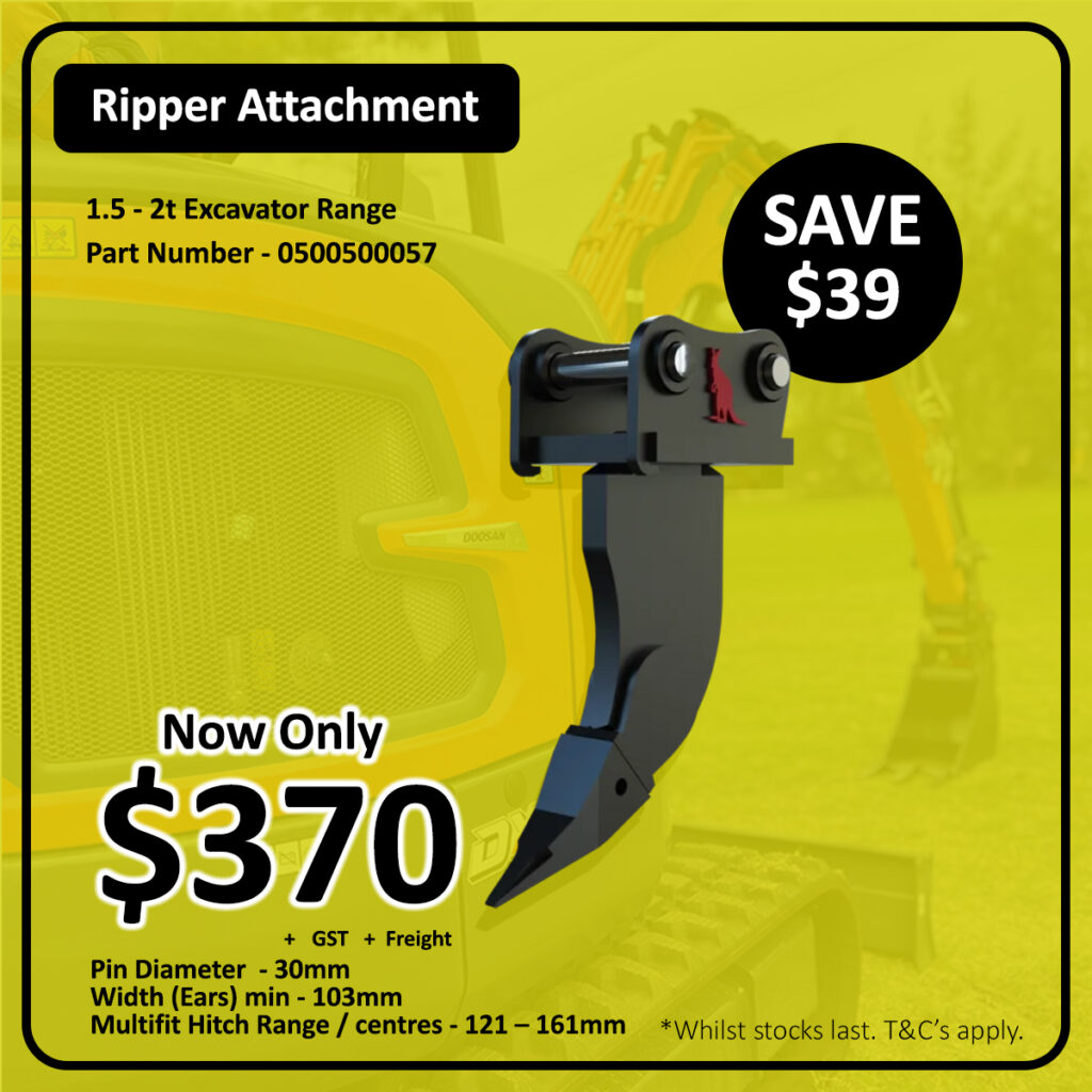 Ripper attachment for 1.5–2t excavators displayed against a blurred background of construction equipment. Price reduced to $370, saving $39. Product specs and part number listed at the top.