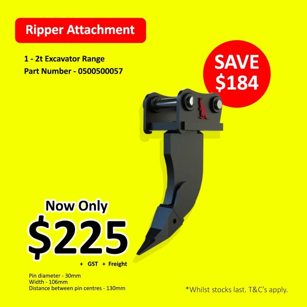 Ripper attachment for excavator on yellow background, price reduced to $225, save $184.