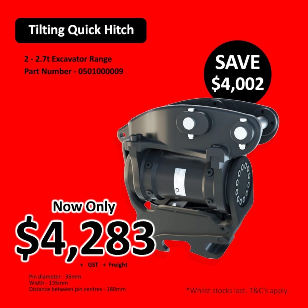Tilting quick hitch for 2–2.7t excavators, now ,283, save ,002, black background.