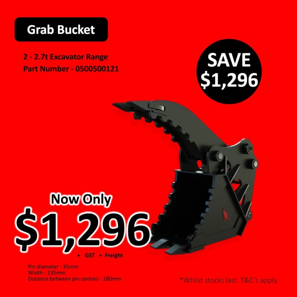 Black excavator grab bucket on red background with price and discount details displayed.