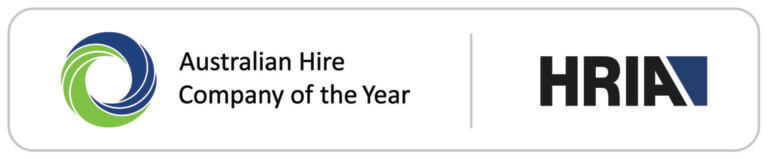 The image features a rectangular logo with text and symbols. On the left, there is a circular green and blue logo next to the words "Australian Hire Company of the Year." On the right, the letters "HRIA" appear in bold, stylized text, highlighting their commitment to careers in the industry.