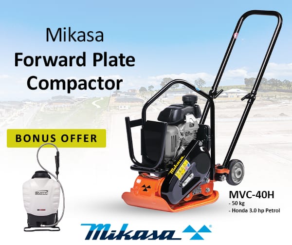 Explore the power of the Mikasa Forward Plate Compactor, model MVC-40H, equipped with a reliable Honda 3.0 hp petrol engine. Enhance your purchase with our exclusive bonus offer: a Mikasa-branded spray bottle. Perfect for any construction site backdrop.