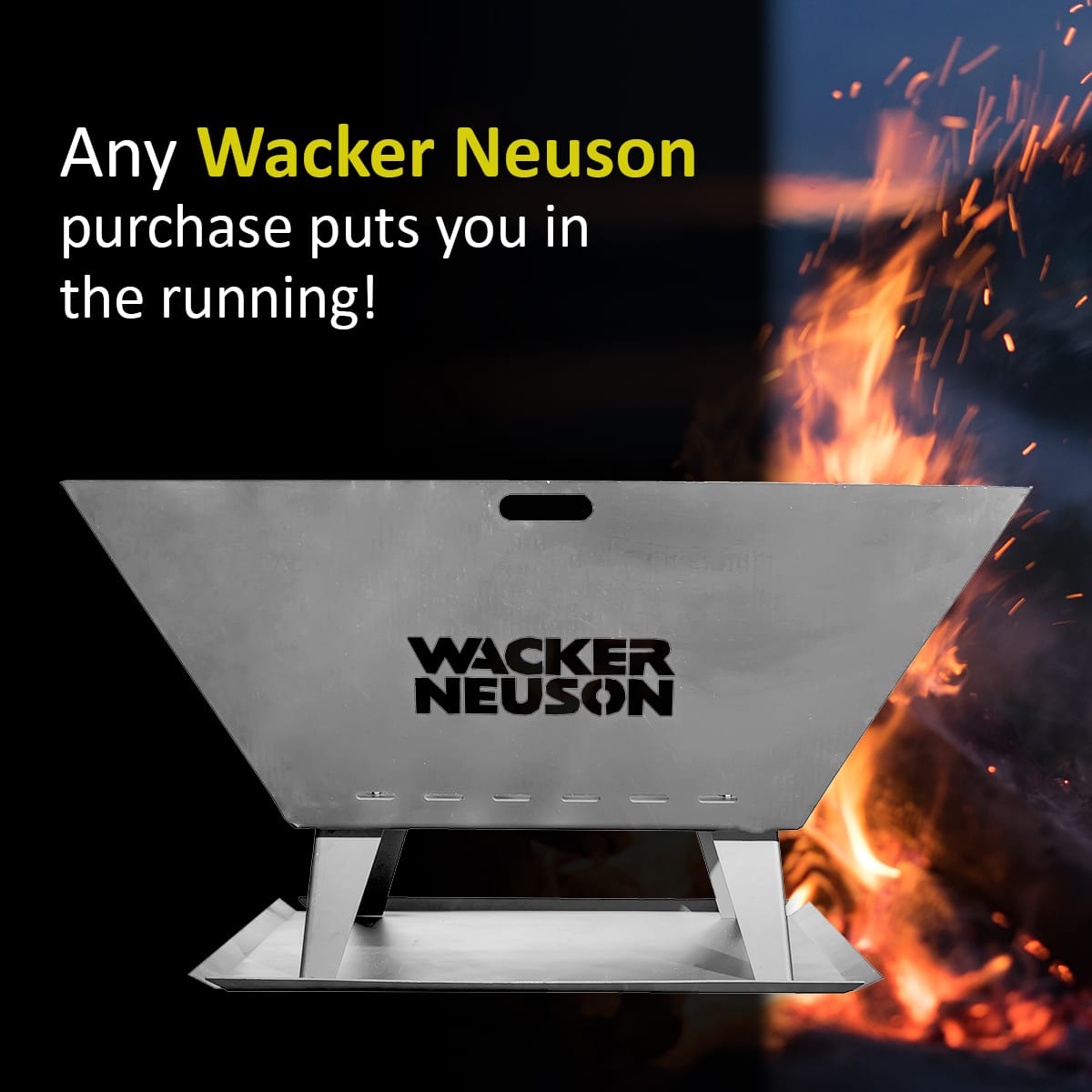 Image of a triangular metal fire pit with the brand logo "Wacker Neuson" printed on the side. The background features flames and sparks from a fire, casting a warm glow. The text says, "Any Wacker Neuson purchase puts you in the running for an exciting fire pit giveaway!