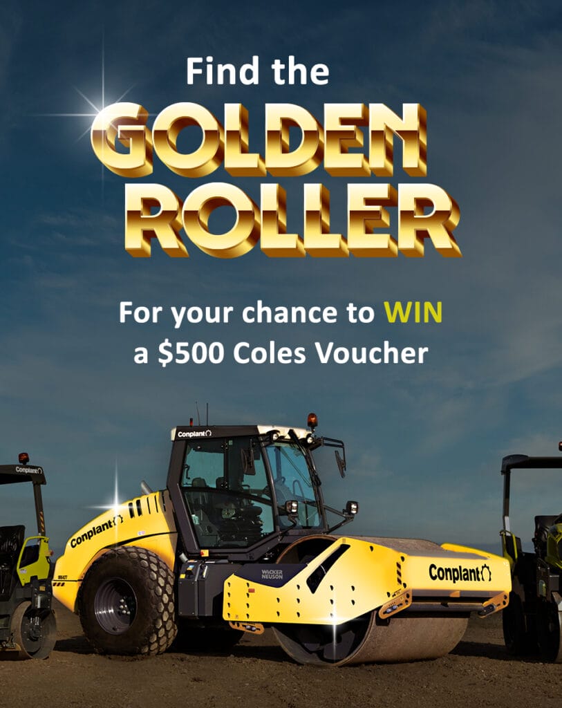 Promotional image showcasing a yellow Conplant roller vehicle under a clear blue sky. Text reads: "Find the Golden Roller for your chance to WIN a $500 Coles Voucher.