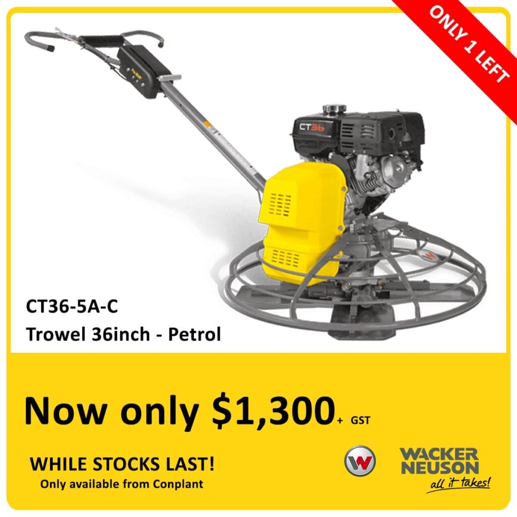 CT36-5A-C petrol power trowel with yellow engine cover and circular base; promo banner reads 'Only 1 Left' and price ' alt=