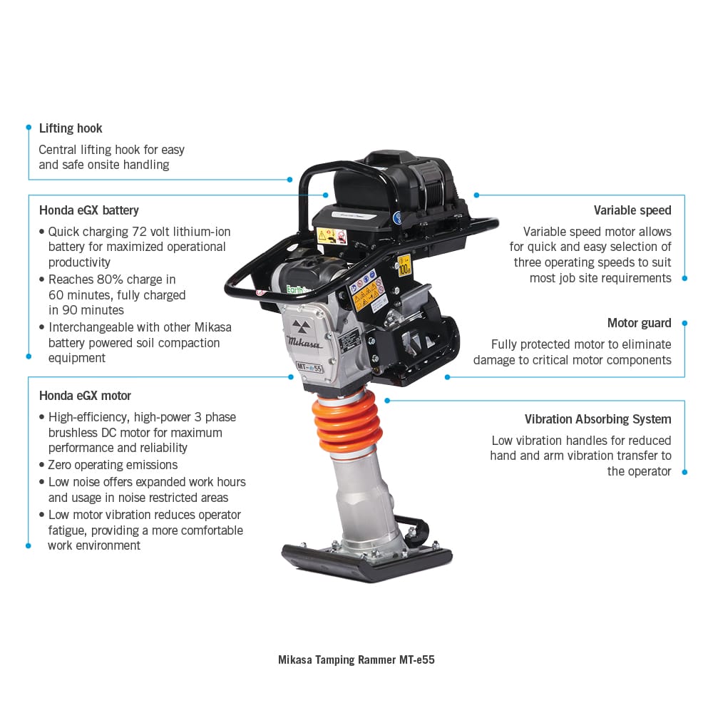 An image of a Mikasa Tamping Rammer MT-65H with labels pointing to its features, including a lifting hook, Honda GX engine, variable speed, motor guard, and vibration absorbing system. The rammer, similar in design to the MT-e55 model, is ideal for soil compaction and boasts advanced specs for durability and efficiency.