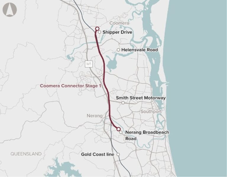 Map showing the Coomera Connector Stage 1 route using a specified methodology between key points.