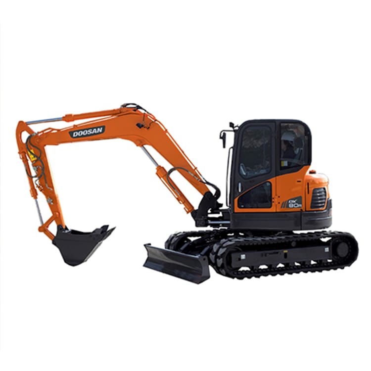 An orange Develon DX80R excavator with a black cabin, attached to a moveable arm holding a bucket. The machine rests on rubber tracks and features a dozer blade in front. The background is white, highlighting the details of the heavy construction equipment.