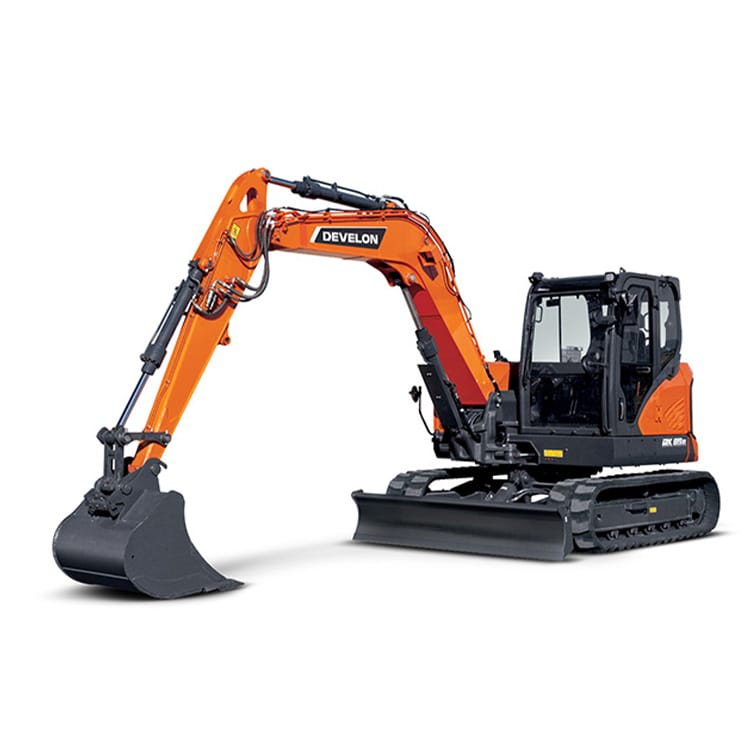 A bright orange and black Develon DX89R-7 construction excavator is shown. It features a large arm with a bucket attachment and has caterpillar tracks for movement, with a sturdy cab for the operator. The machine appears idle and positioned on a plain white background.