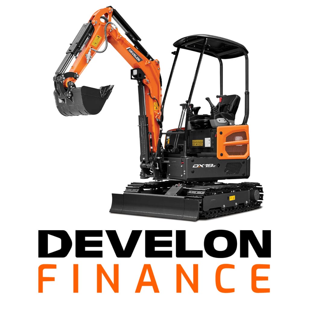 An orange Develon construction excavator with a black bucket attachment is showcased above the text "DEVELON FINANCE." The image emphasizes the machinery and Develon's finance services, set against a white background.