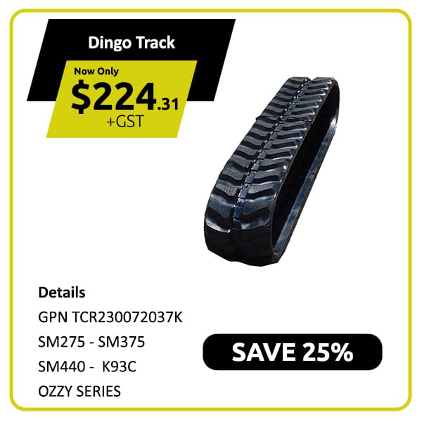 Rubber track for Dingo machinery with price, details, and "Save 25%" promotion displayed.