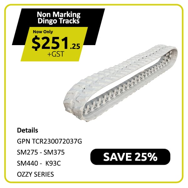 White rubber track for Dingo machines, priced at $251.25, with a 25% discount offer.