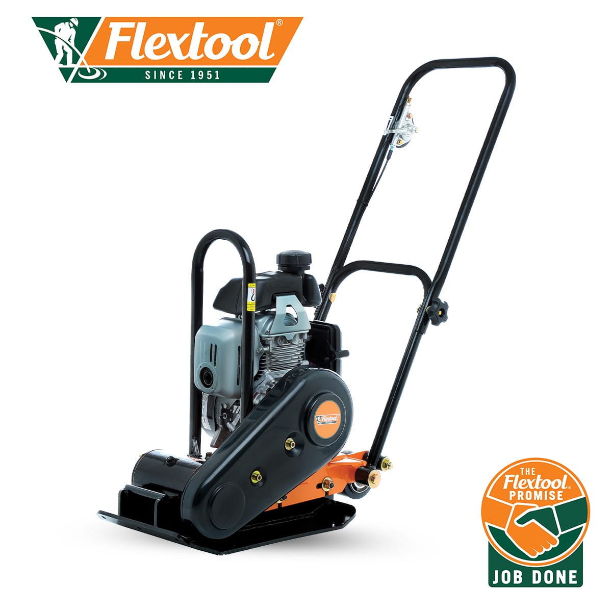 An industrial plate compactor, model FCP-48, with a black and orange color scheme, featuring Flextool branding and logos. The machine has a metal handlebar and robust base plate, with an engine visible on the top. The Flextool Promise logo is shown prominently in the lower right corner.