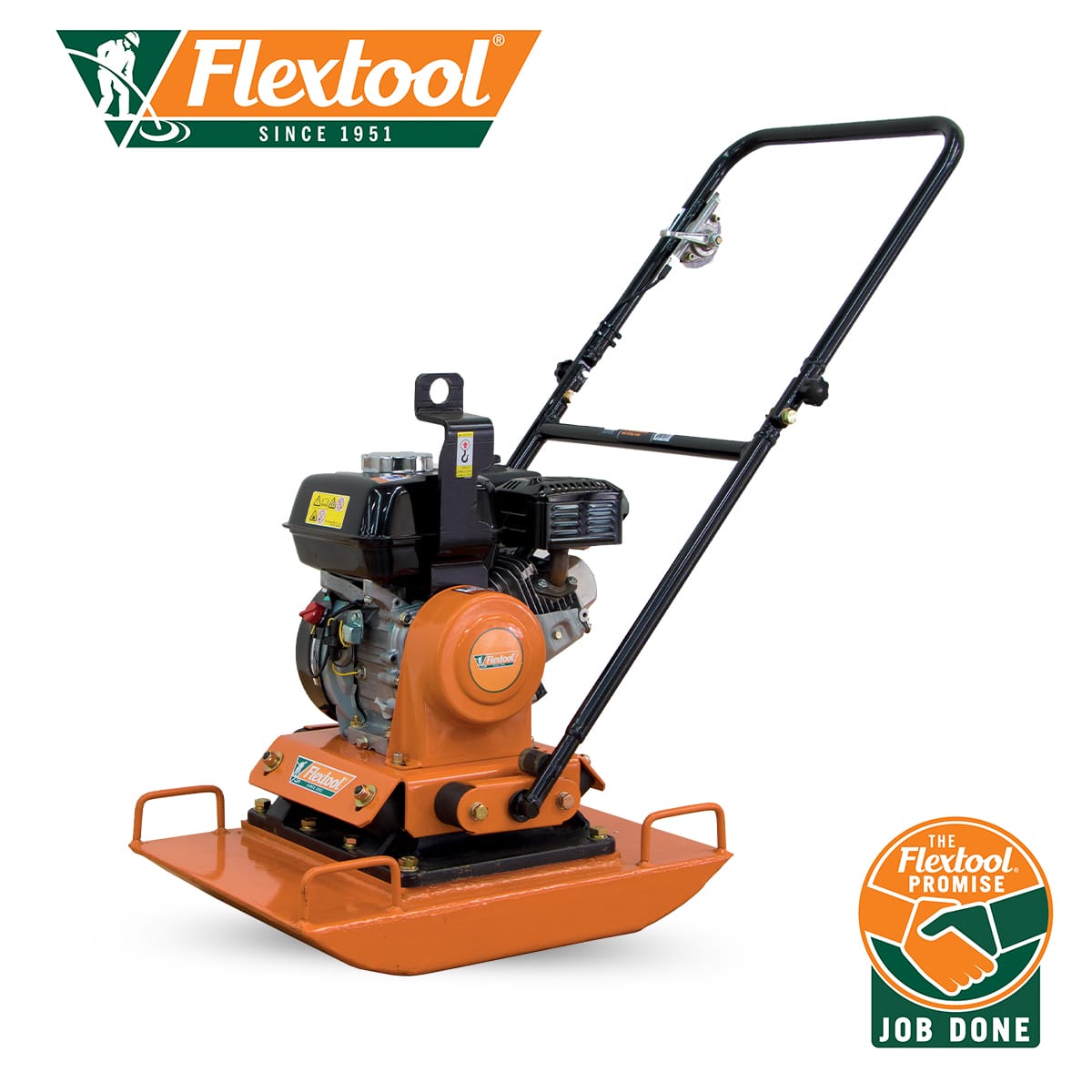 An orange Flextool compactor machine, model FCP-87B, with a steel frame and handlebar. The Flextool logo and "Since 1951" are displayed in the top left corner, and "The Flextool Promise, Job Done" logo is in the bottom right corner.