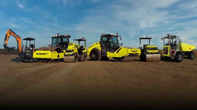 Fleet Strategy Blog 2026 - Conplant Pty Ltd - Conplant Pty Ltd Five yellow construction vehicles showcase our 2026 Fleet Strategy on a dirt lot under blue skies.