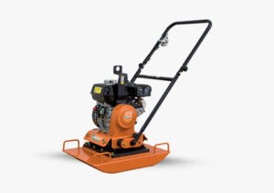 Image of an orange and black plate compactor with a black handle. The machine has a metal frame and a flat base plate, designed for compacting soil or asphalt. A small gas engine is mounted on top, connected to the base plate. The background is plain white.