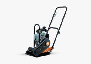 A light-duty plate compactor with a black and orange base, a blue engine on top, and a black handlebar for maneuvering. The machine is designed for compacting soil, gravel, and other materials, commonly used in construction and landscaping.