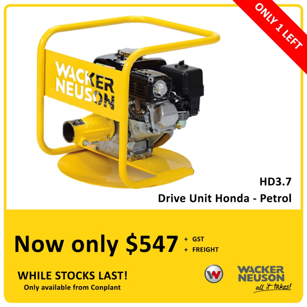 A yellow Wacker Neuson HD3.7 drive unit with a Honda petrol engine is displayed. Text indicates “Only 1 left,” price of $547 plus GST and freight, and “while stocks last.”.