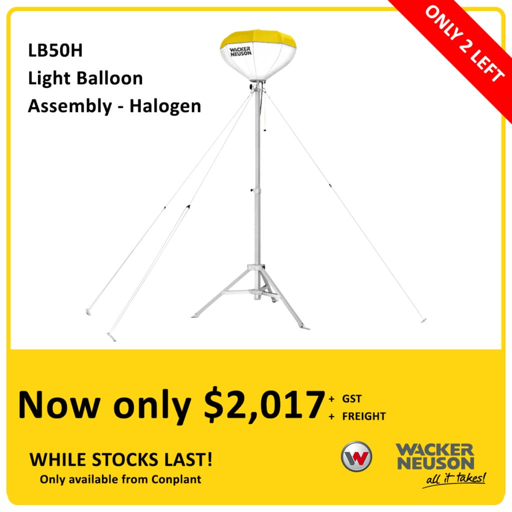 A Wacker Neuson LB50H halogen light balloon on a tripod stand, with text highlighting a sale price of $2,017 plus GST and freight. Banner notes “ONLY 2 LEFT” and “WHILE STOCKS LAST!” on a yellow background.