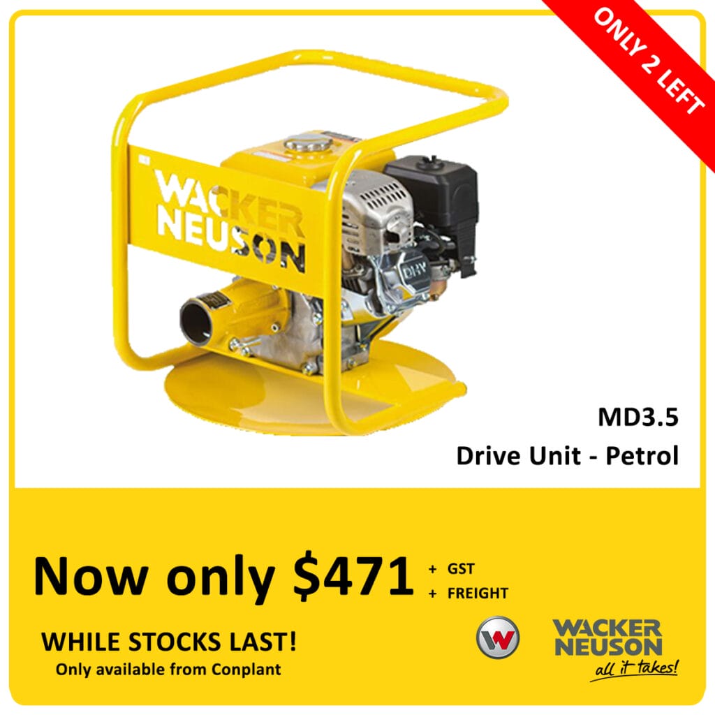 A yellow Wacker Neuson MD3.5 petrol drive unit is displayed with a protective frame. Text reads "Only 2 left," priced at $471 plus GST and freight. Banner urges fast purchase while stocks last.