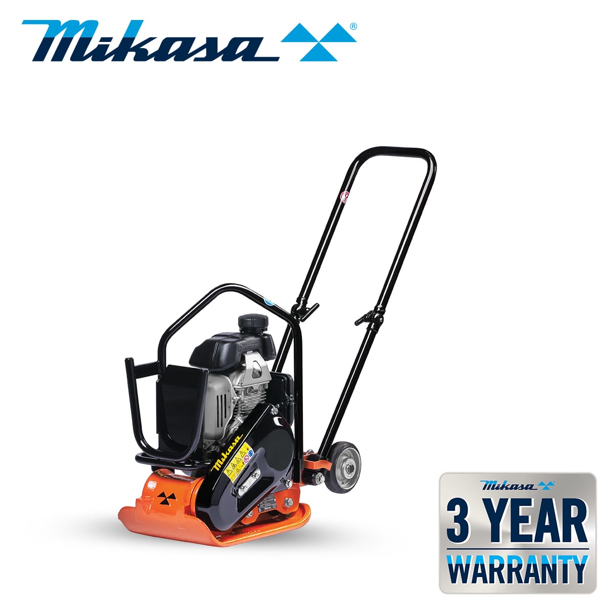 Image of a Mikasa MVC-40H plate compactor with a black frame and orange base. It has a visible engine and is displayed on a white background. The Mikasa logo is at the top, and a badge at the bottom right corner shows "3 Year Warranty".