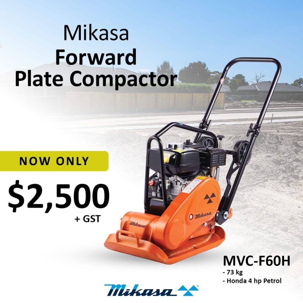 An orange Mikasa forward plate compactor is displayed on a construction site background. Text reads “Now only $2,500 + GST” and provides model info: MVC-F60H, 73 kg, Honda 4 hp petrol. Mikasa logo at the bottom.