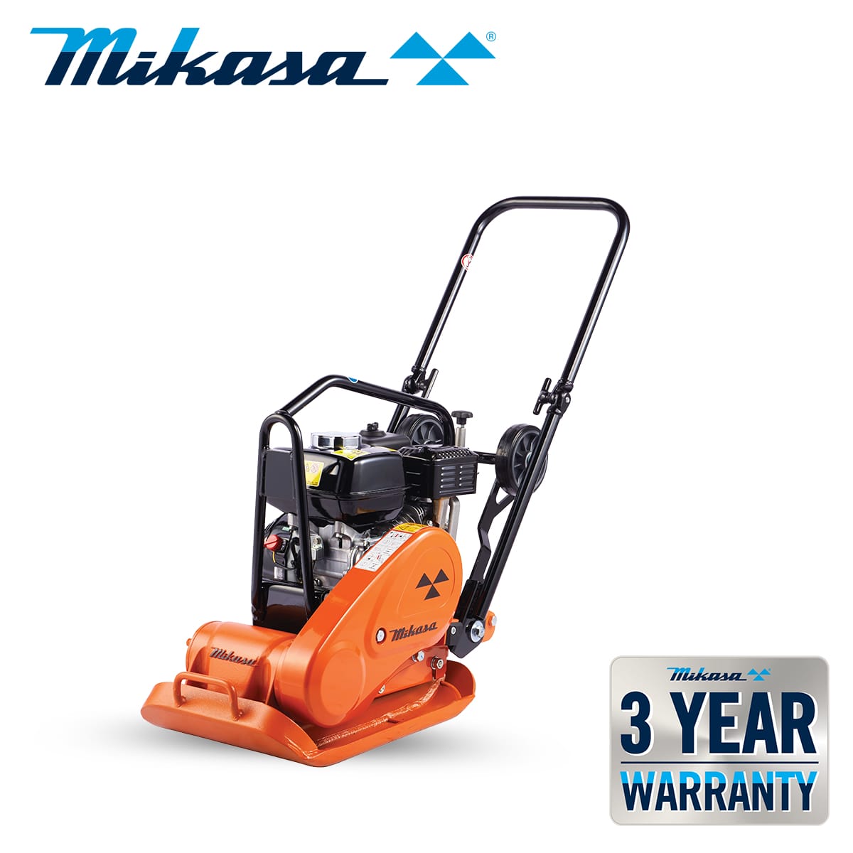 An orange Mikasa compaction machine is shown, featuring the MVC-F60H model prominently. The Mikasa logo is at the top left, and a badge at the bottom right corner states "Mikasa 3 Year Warranty.