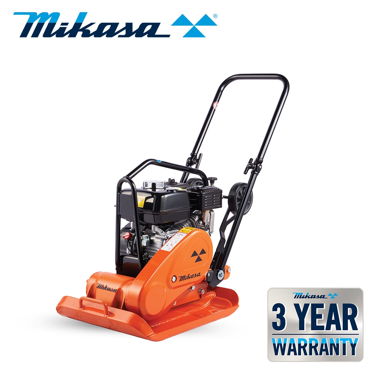 Image of a Mikasa MVC-F80H plate compactor with an orange body and black handle. The Mikasa logo is at the top left, and a badge at the bottom right corner states "Mikasa 3 Year Warranty.