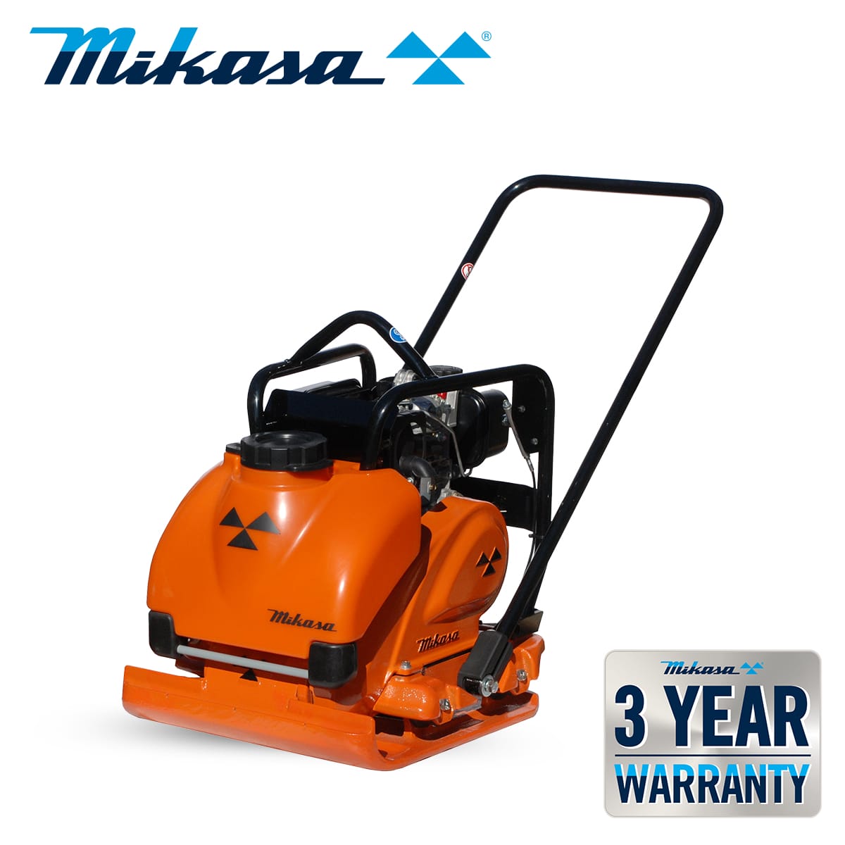 An orange Mikasa MVC-T100H plate compactor with a black handle and engine is depicted. The Mikasa logo is visible at the top left corner, and a "3 YEAR WARRANTY" badge is shown at the bottom right.