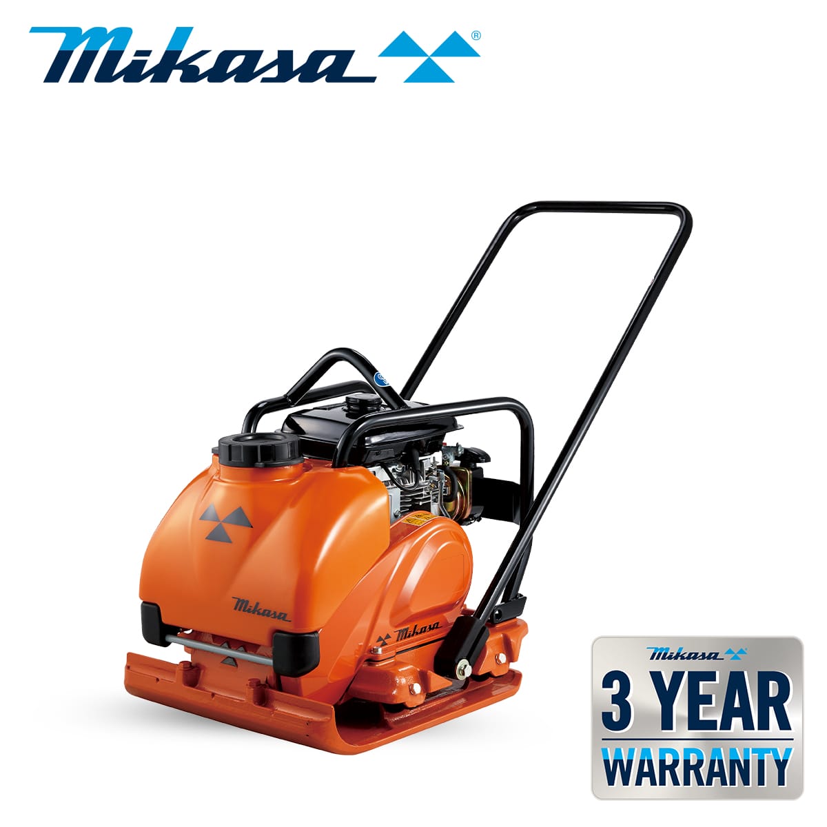 The image shows an orange Mikasa MVC-T90H compactor with a handlebar in an angled view. The Mikasa logo is visible at the top of the image, and a "3 Year Warranty" badge is displayed at the bottom right corner.