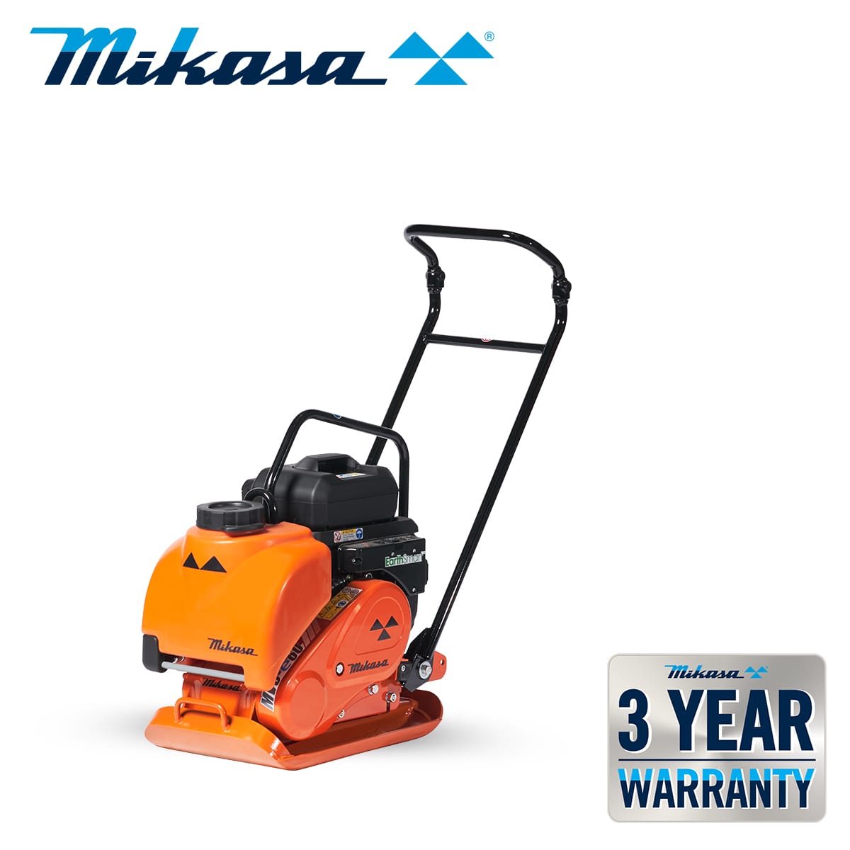 An orange Mikasa MVC compactor machine with a black handle is shown. The image includes the Mikasa logo at the top and an "e60 3 Year Warranty" badge at the bottom right.