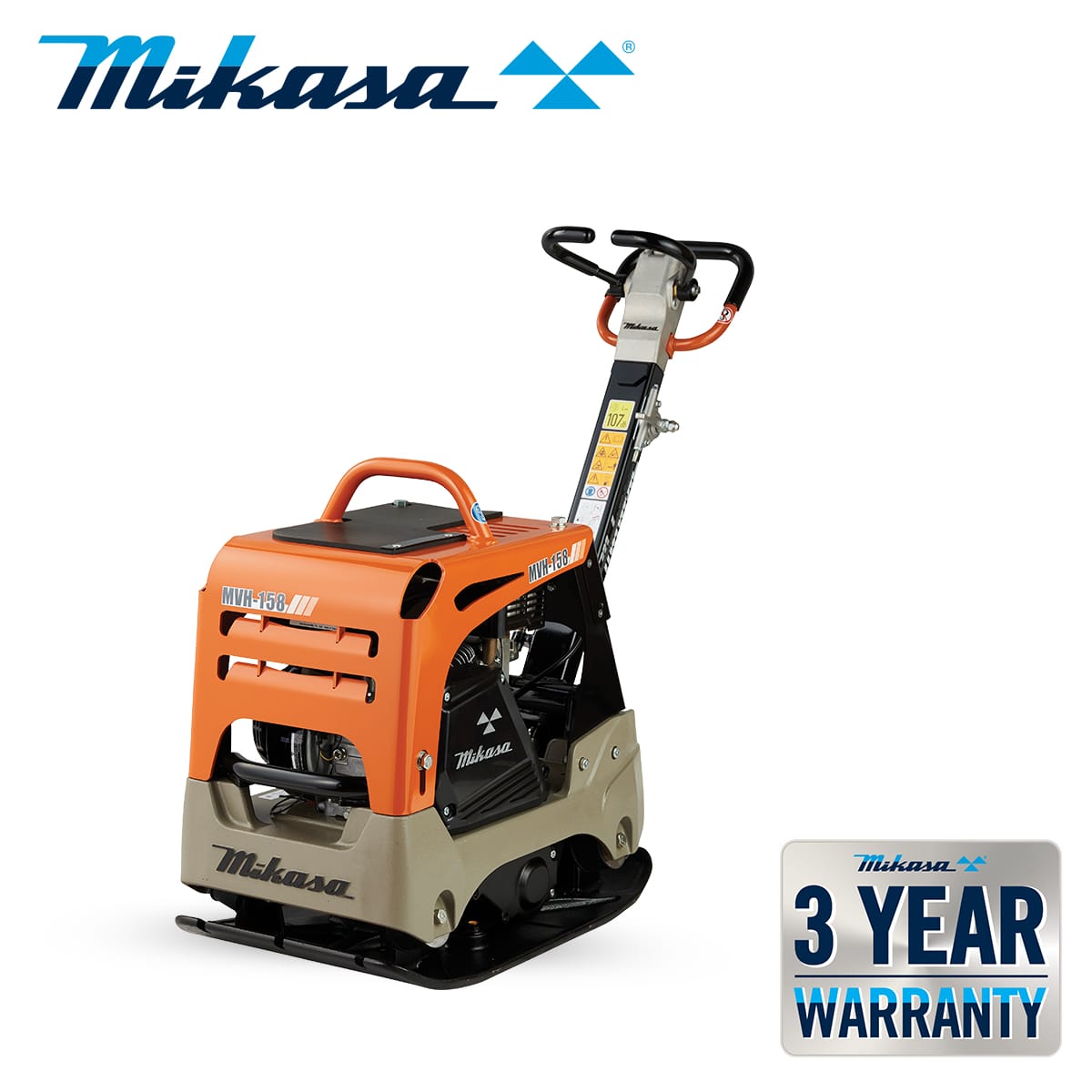 Image of a Mikasa MVH-158GH reversible plate compactor in orange and black, featuring a prominent handle for operation. The Mikasa logo is shown at the top, and a "3 Year Warranty" badge is displayed at the bottom right corner.