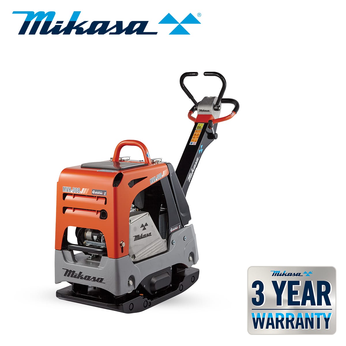 Image of a Mikasa reversible plate compactor model MVH-R60 for soil and asphalt compaction, similar in rugged efficiency to the MVH-308DSY. The machinery features handle controls and an orange and grey color scheme. A "3 Year Warranty" badge is displayed at the bottom right. The Mikasa logo is at the top left.