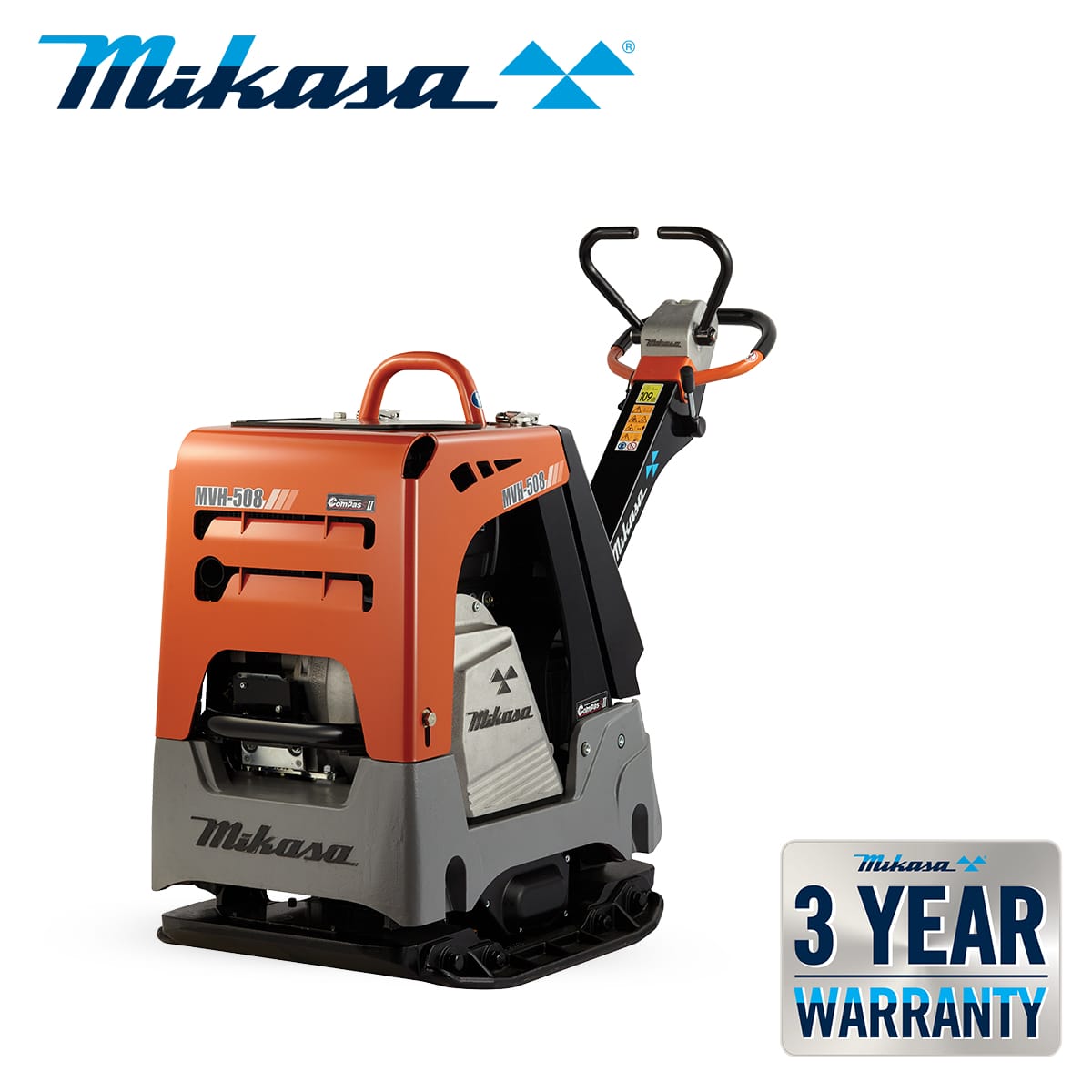 Image of an orange Mikasa reverse plate compactor model MVH-508DSZ. The compactor has the Mikasa logo at the top left of the image and features a 3-year warranty badge at the bottom right corner. The machine has a handle and robust build for heavy-duty usage.