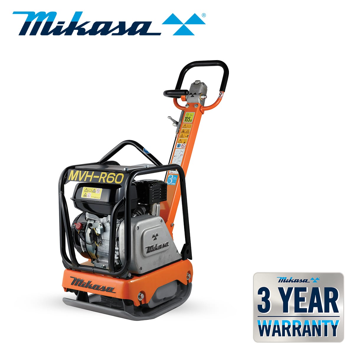 A Mikasa vibratory plate compactor, model MVH-R60H, is displayed. The machine features an orange and black frame with a control handle. A "3 Year Warranty" badge is visible in the bottom right corner, while the Mikasa logo is prominently at the top of the image.