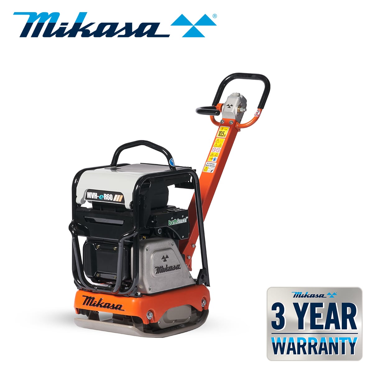 Image shows a Mikasa brand reversible plate compactor model MVH-eR60, featuring a powerful handle and a sturdy base. The image highlights a "3 YEAR WARRANTY" badge in the bottom right corner on a white background. The Mikasa logo appears at the top.