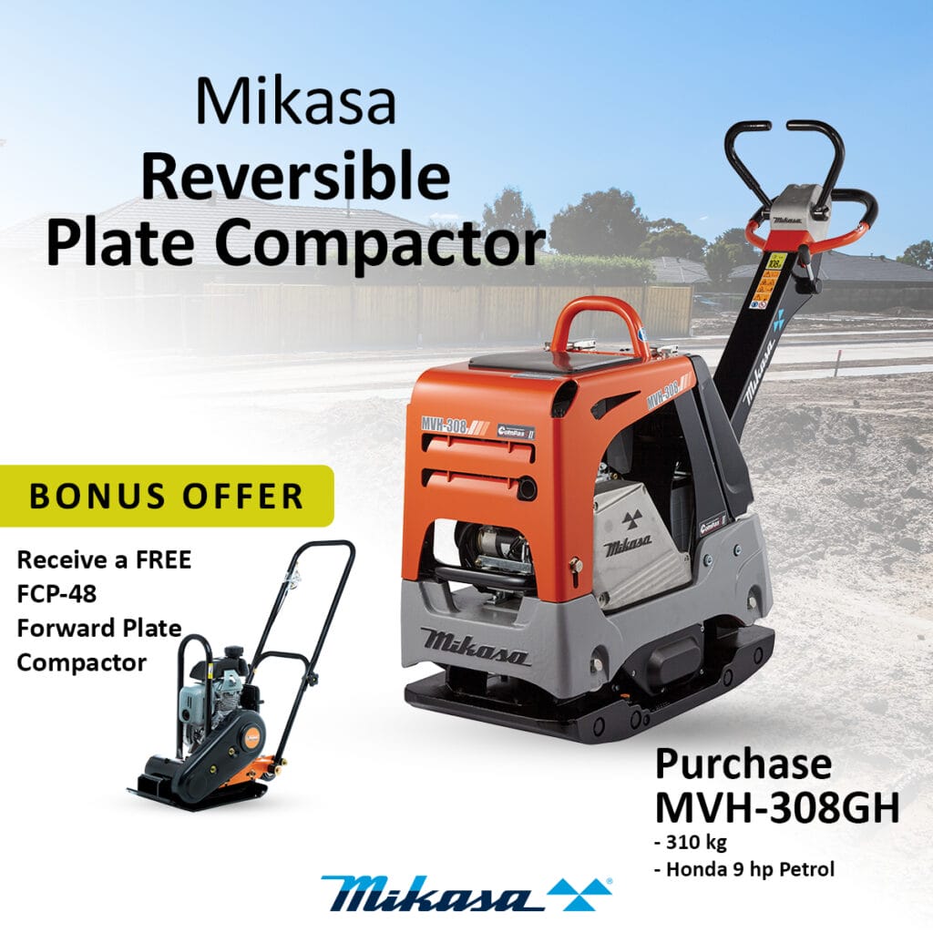 Promotional image for the Mikasa Reversible Plate Compactor MVH-308GH, showing the machine with a bonus offer for a free FCP-48 Forward Plate Compactor. Text highlights specs and a construction site background.
