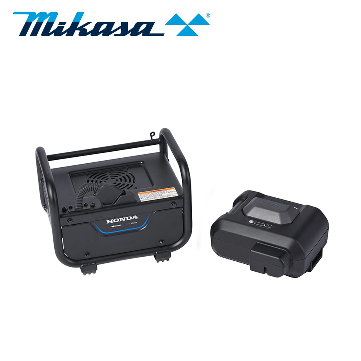 An image featuring a black Mikasa MVC-e60 portable generator unit and a separate black battery pack. The generator has a Honda badge and a carrying handle, while the battery pack has a rubberized grip and indicator lights. The Mikasa logo is displayed at the top left corner.