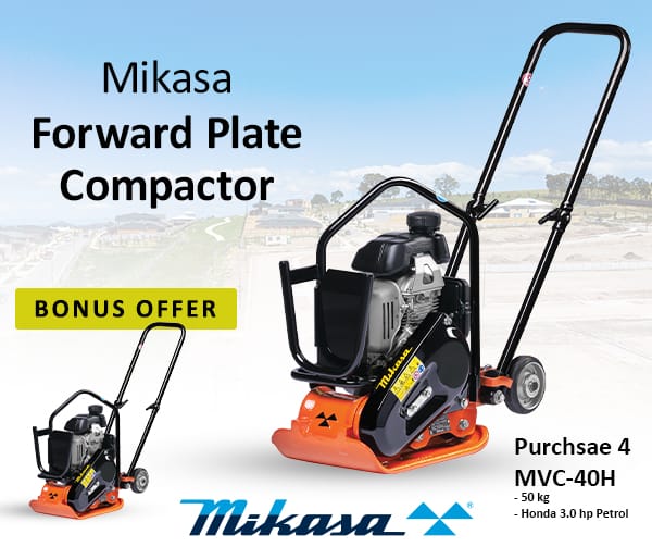 The image showcases a Mikasa forward plate compactor with enticing bonus offers. It features a robust 50 kg weight and a reliable Honda 3.0 hp petrol engine, set against a dynamic construction scene. Prominent brand logos grace the bottom of this promotional display.