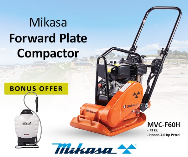 Advertisement for the Mikasa Forward Plate Compactor MVC-F60H features an image of the orange compacting machine. Enjoy bonus offers with a white sprayer included. Text reads: "Honda 4.0 hp Petrol, 73 kg." The background highlights an active construction site.